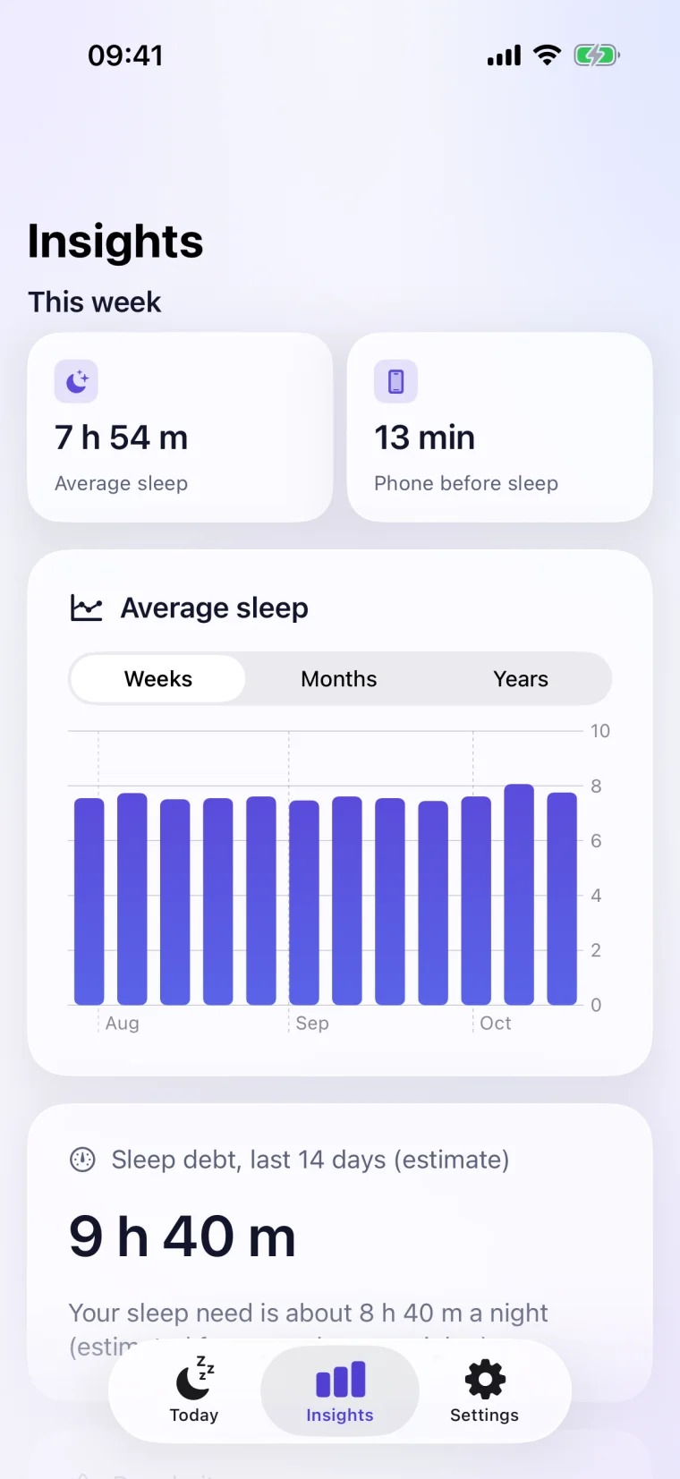 The Insights screen with average sleep per week over three months.