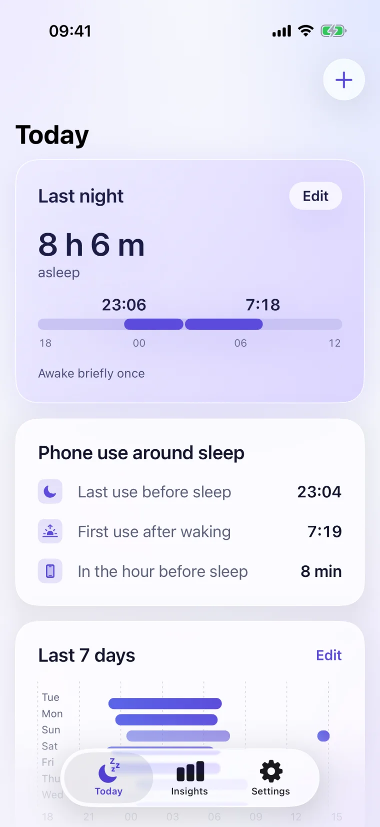 The Today screen: 8 h 6 m asleep last night, from 23:06 to 7:18, awake briefly once.